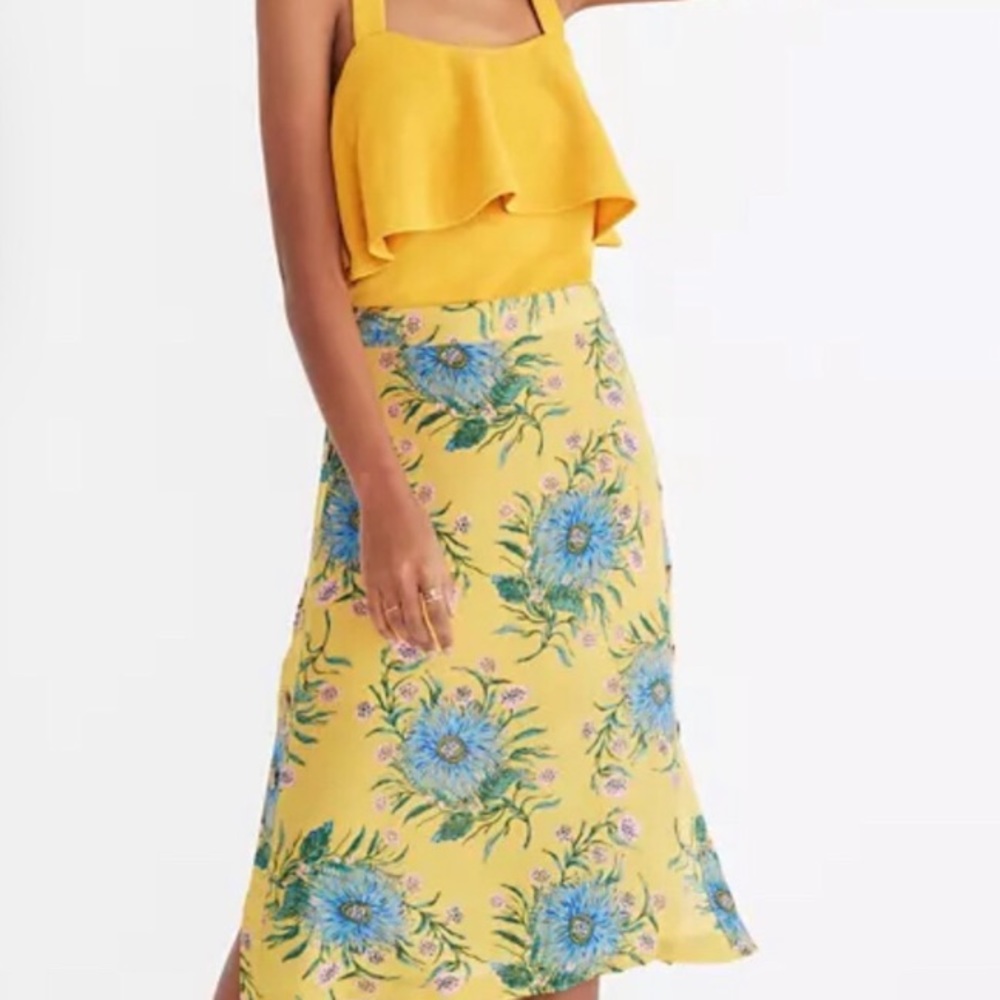 Madewell Yellow Floral Silk Side Button Midi Skirt